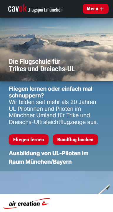 screenshot der mobile-homepage der cavok flugschule