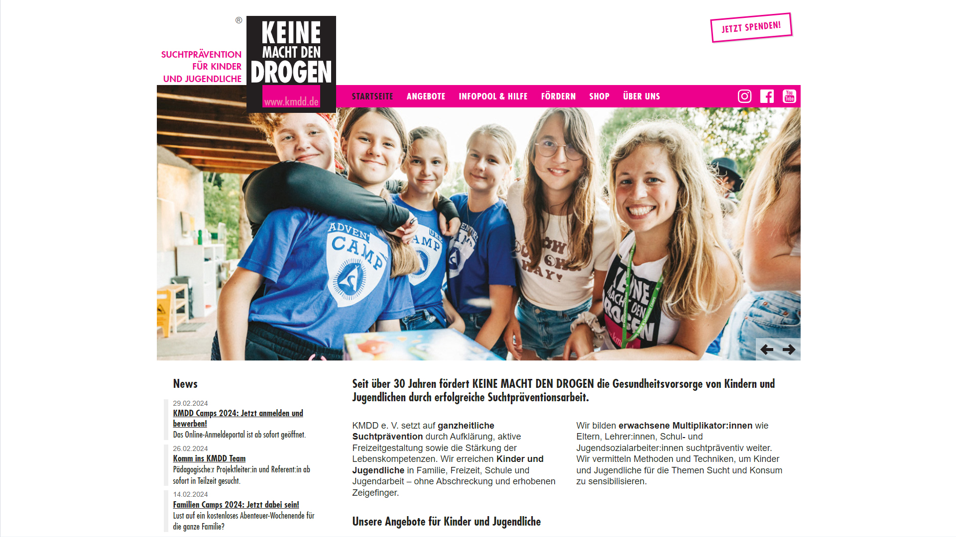 screenshot der desktop-homepage von Keine Macht den Drogen