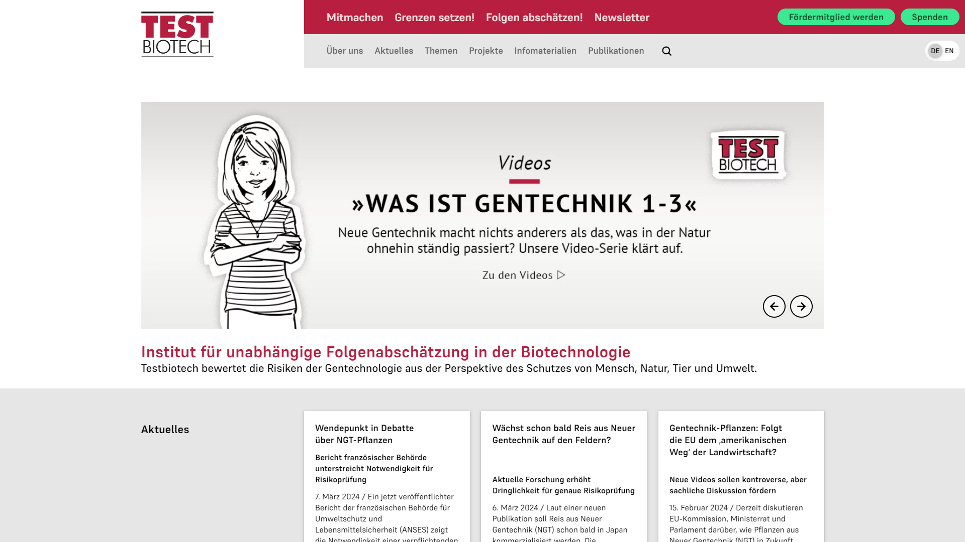 screenshot der desktop-homepage von Testbiotech